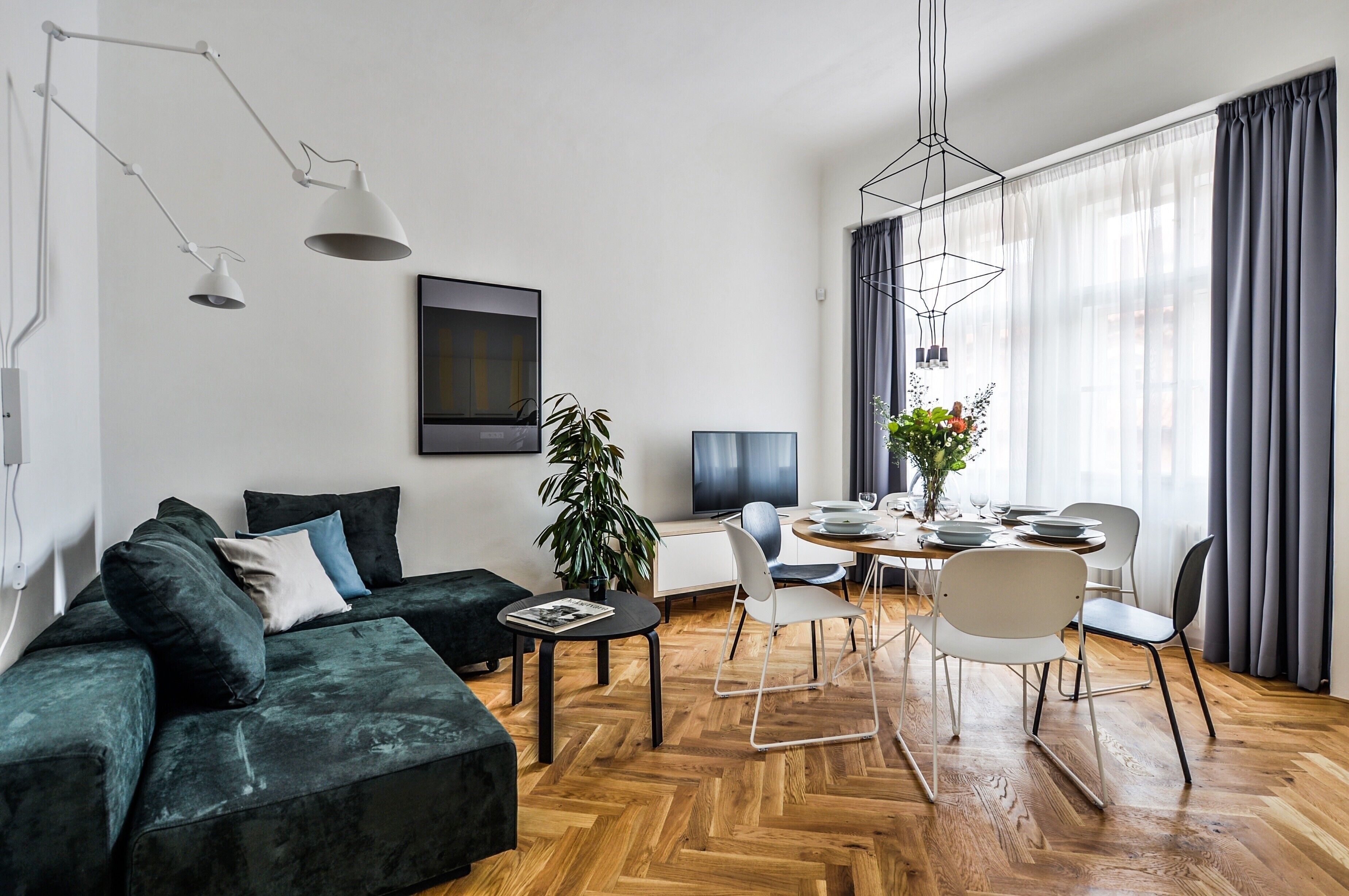 A modern living room with a green sofa, a dining table with chairs, a TV, and a potted plant.