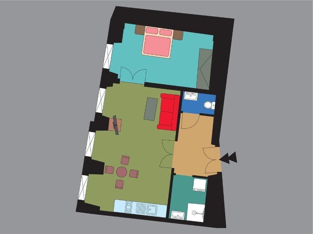 A floor plan with a living area, kitchen, and two bedrooms.