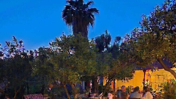 An outdoor dining area with wooden tables and chairs, surrounded by trees and a well-maintained lawn. - Gelincik Apart (Marmaris)