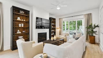 Télévision, cheminée, espaces bureaux