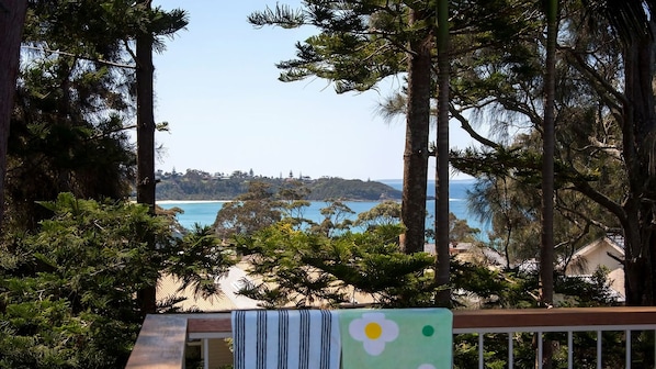 A coastal view with a beach, trees, and a clear sky. - Vitamin Sea is pet friendly (Mollymook)