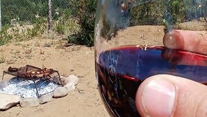 Een hand die een glas rode wijn vasthoudt, met een berg en schaarse begroeiing op de achtergrond.