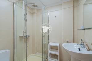 A modern bathroom with a glass-enclosed shower, a white sink, and a mirror above it.