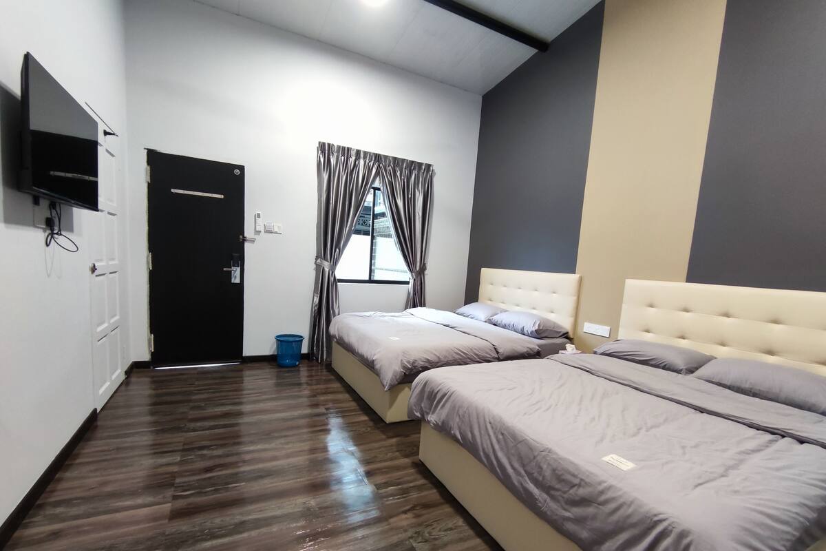 A modern bedroom with two beds, a flat-screen TV mounted on the wall, a door, and a window with curtains.