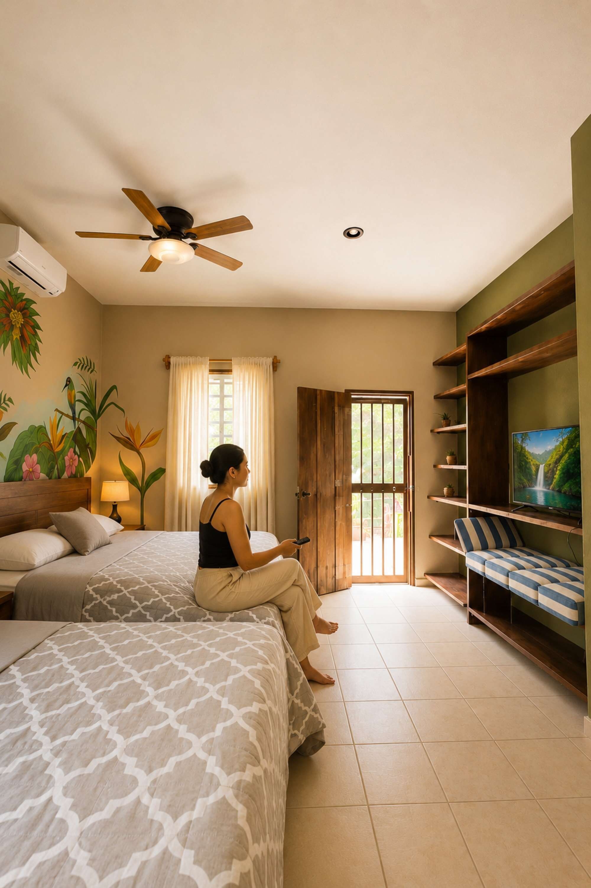 Una habitación con cama, televisor, ventilador de techo y ventana con cortinas.