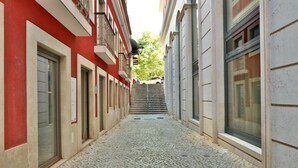 A narrow cobblestone alley flanked by buildings with large windows and doors. - BOULEVARD Boutique Studios   (Lisbon)