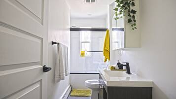 Hair dryer, towels, toilet paper