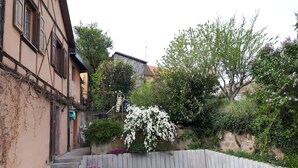 Une cour bordée d’une clôture en bois, un arbre à fleurs blanches et un escalier menant à un bâtiment doté d’un toit en pente.