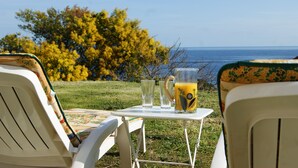 A table with two chairs, a glass of orange juice, and two glasses on a grassy area with a view of the sea and trees.