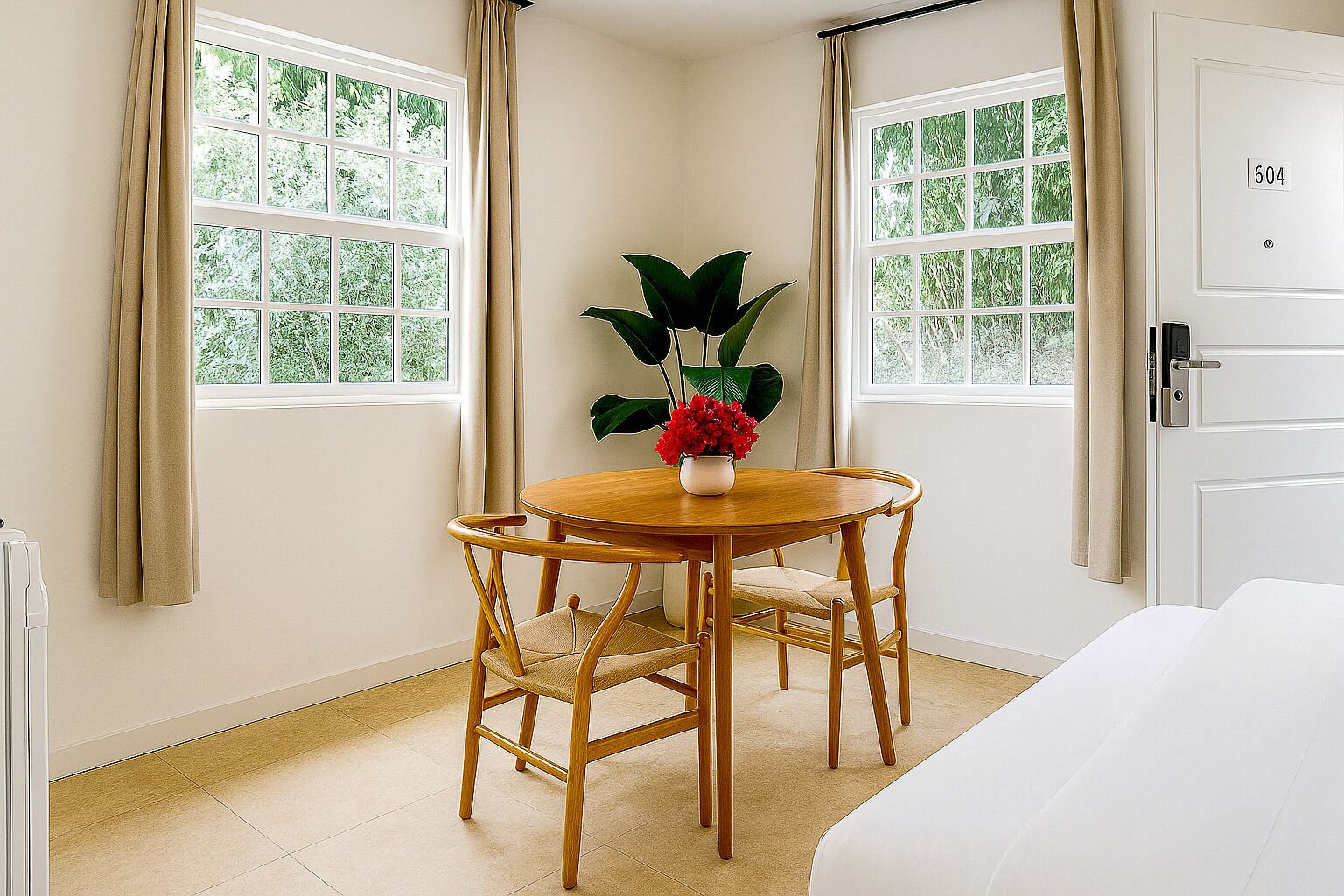 A hotel room with a round wooden table, two chairs, a potted plant, and a bed.