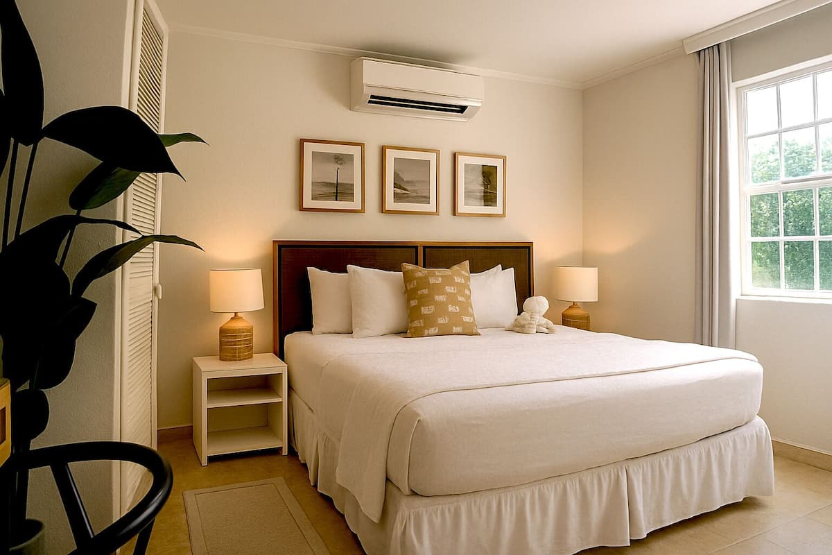 A hotel room with a large bed, two bedside tables with lamps, a wall-mounted air conditioner, and framed pictures above the bed.