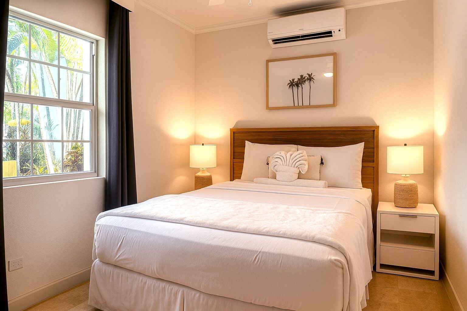 A hotel room with a large bed, two bedside tables with lamps, a window with a view of palm trees, and an air conditioning unit on the wall.