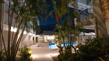 Outdoor pool, pool umbrellas, pool loungers