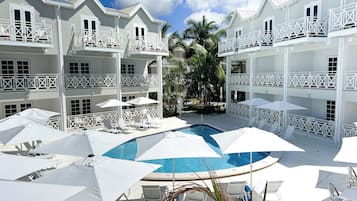 Outdoor pool, pool umbrellas, pool loungers