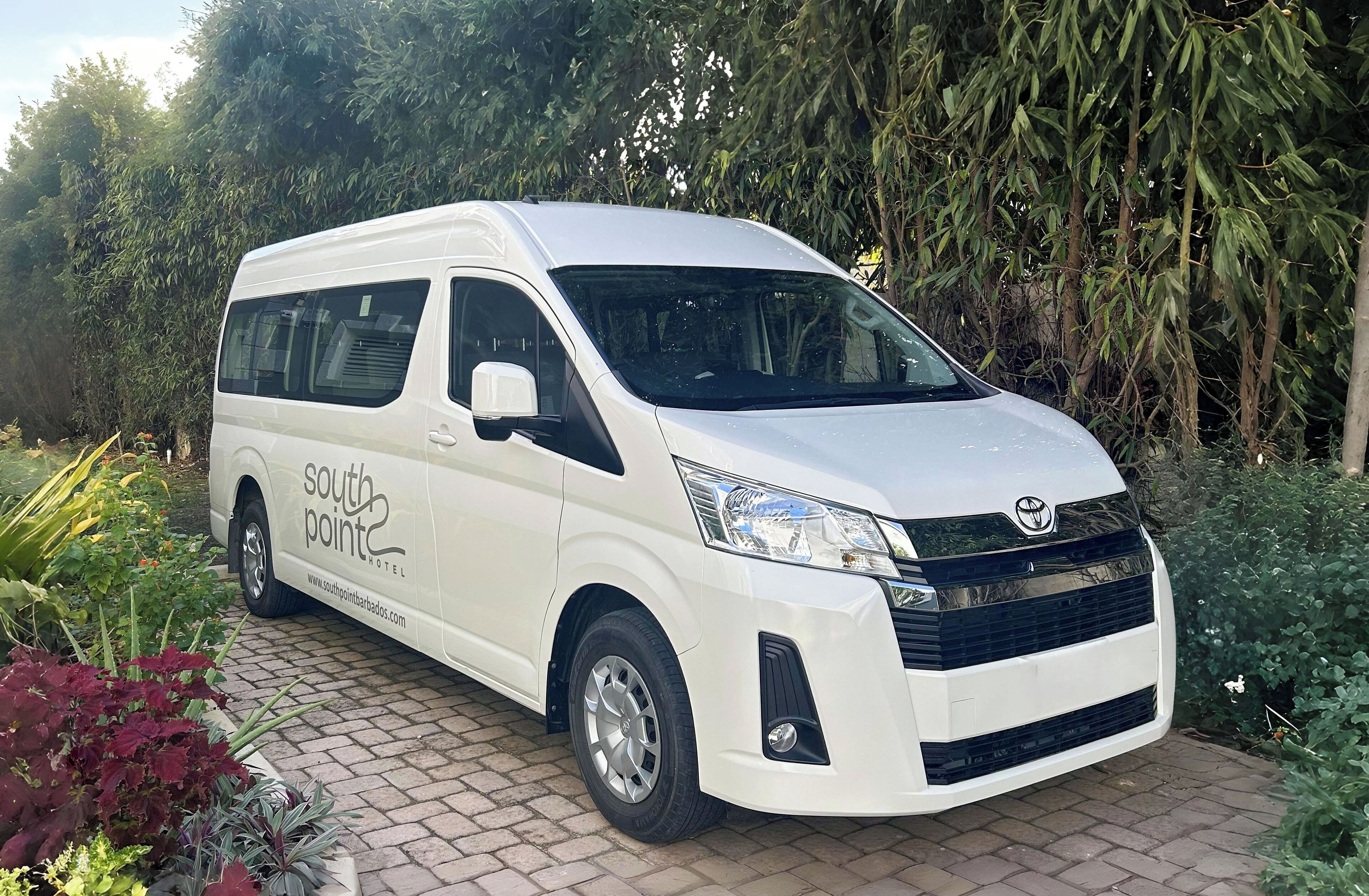 A white van parked on a paved area with greenery in the background.