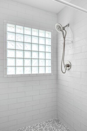 Shower, towels, soap, shampoo