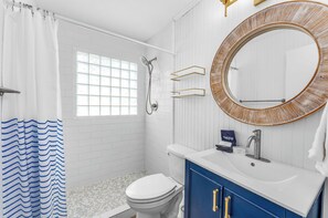 Shower, towels, soap, shampoo