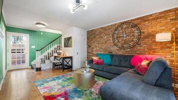 Smart TV, fireplace, books
