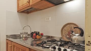 Premium Apartment | Private kitchen | Fridge, stovetop, cookware/dishes/utensils