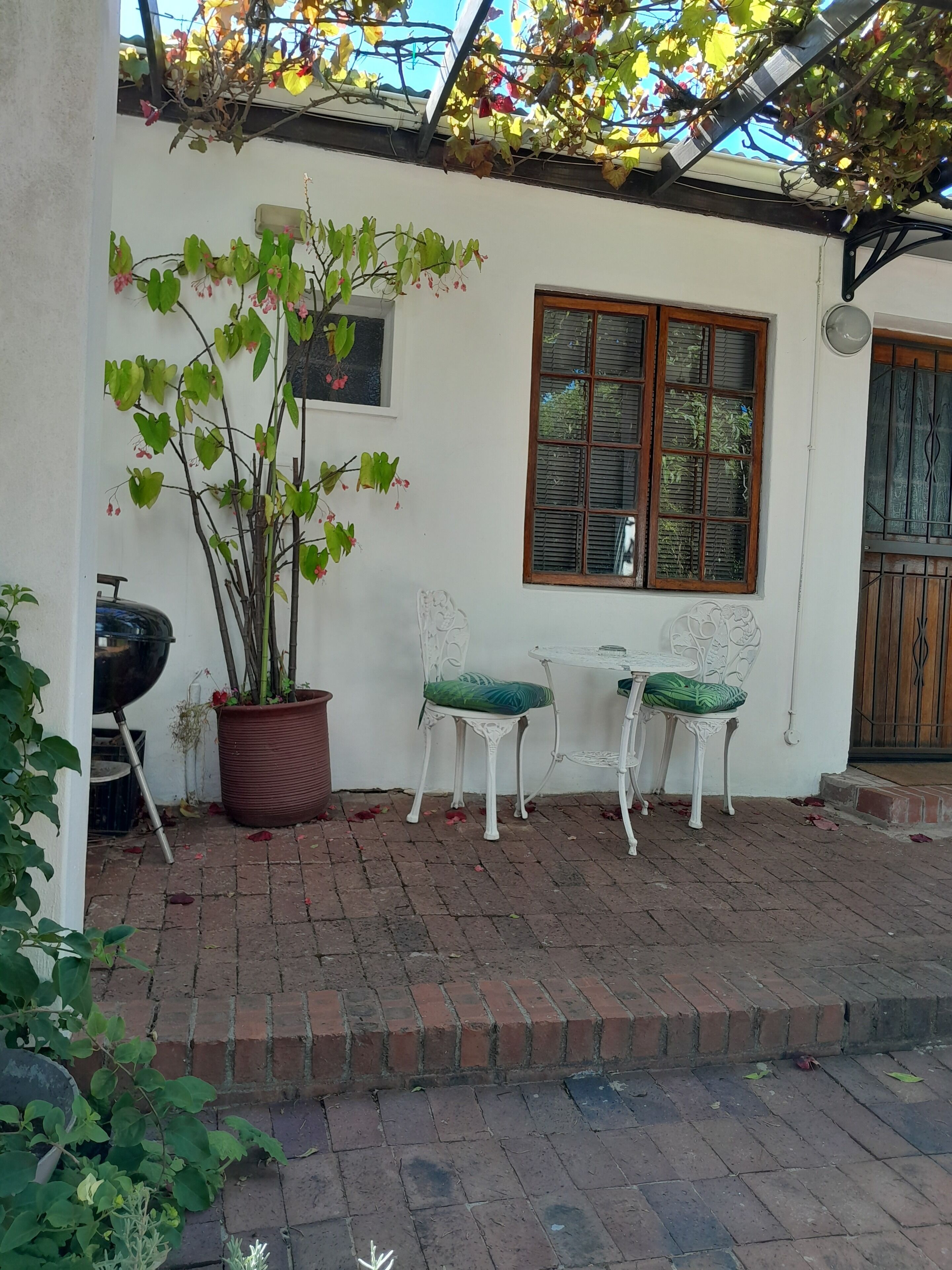 A patio with two white chairs, a table, a potted plant, and a grill.