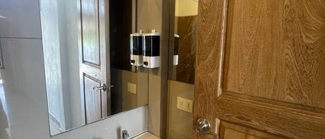 Une salle de bain avec un lavabo, un miroir et une porte en bois.
