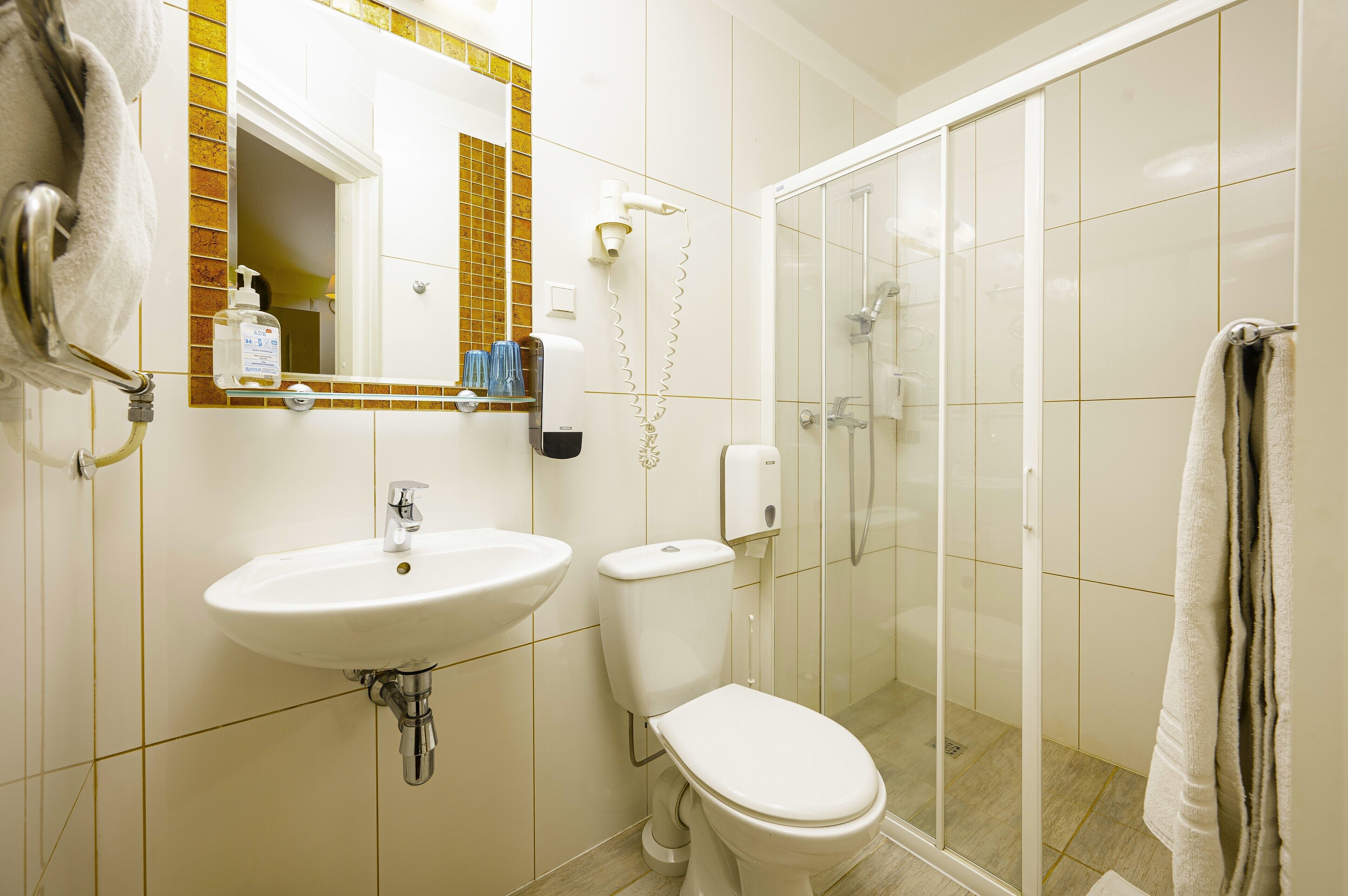 A bathroom with a sink, toilet, and glass shower enclosure.