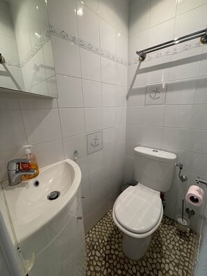 Shower, hair dryer, towels, toilet paper