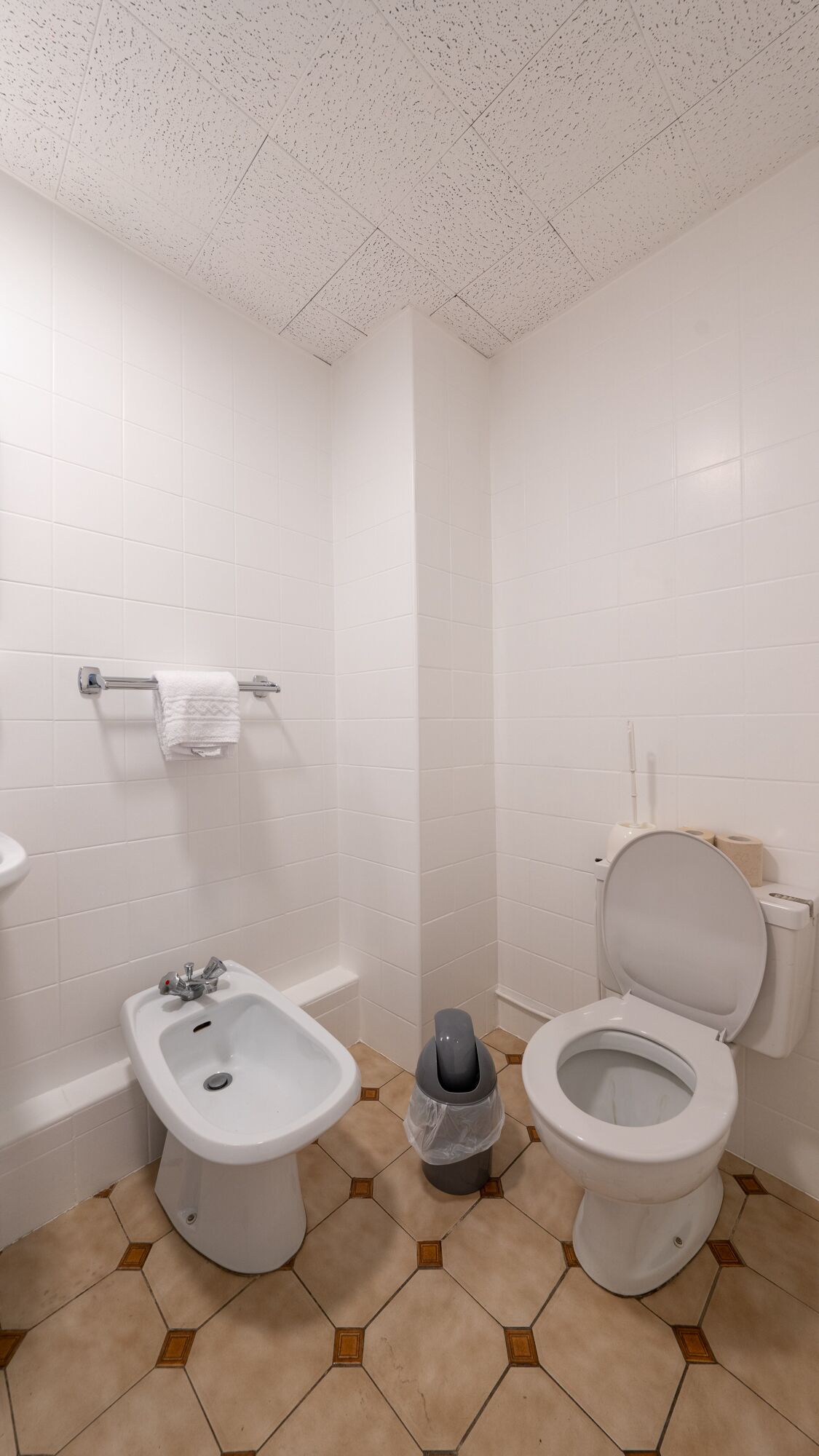 Ein Badezimmer mit weißen Fliesen, einem Bidet, einer Toilette und einem Handtuchhalter.