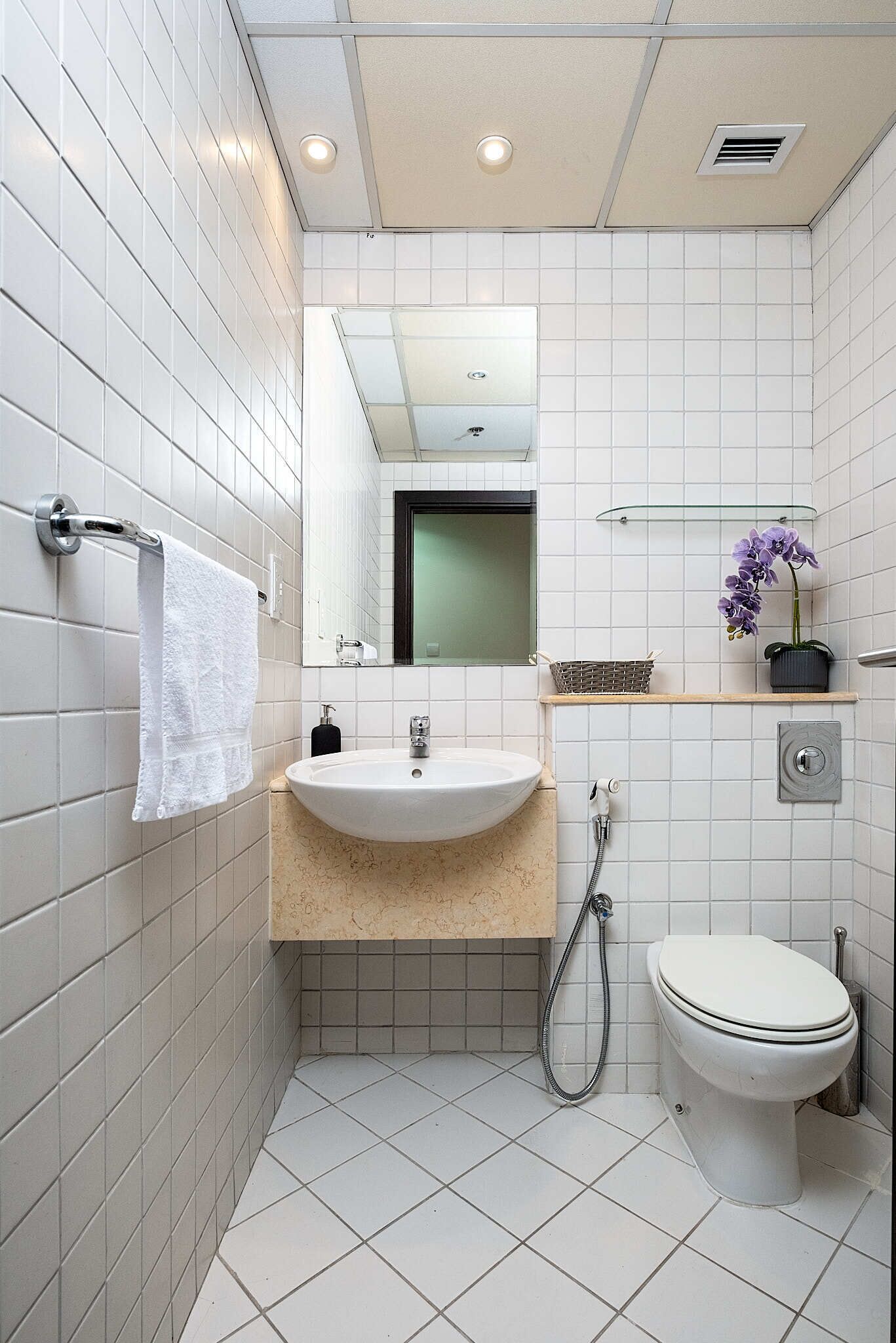 Une salle de bain avec des carreaux blancs, un lavabo, des toilettes, un miroir et une douche.
