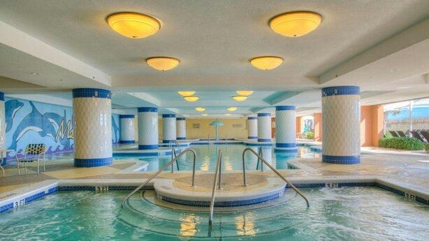Una amplia piscina interior con varias pistas, rodeada por columnas y un mural de delfines.