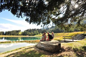 Un grupo de personas sentadas sobre una roca junto a un lago, con un banco de madera y un muro de piedra al fondo.