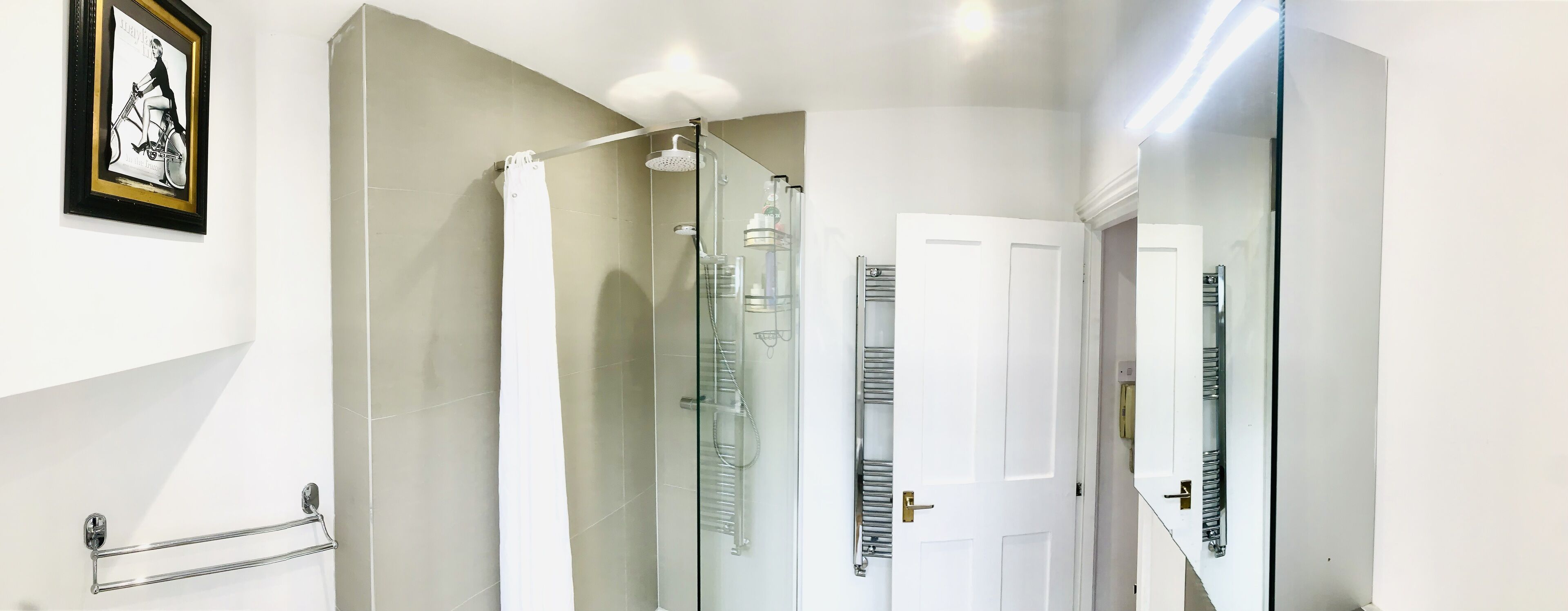 A modern bathroom with a glass shower enclosure, a white door, and a framed picture on the wall.