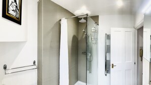 A modern bathroom with a glass shower enclosure, a white door, and a towel rack.