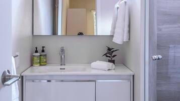 Shower, hair dryer, towels