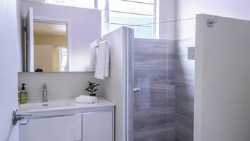 Shower, hair dryer, towels