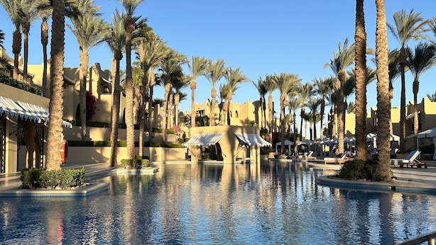 Zona de piscina rodeada de palmeras y edificios, con un cielo azul despejado.