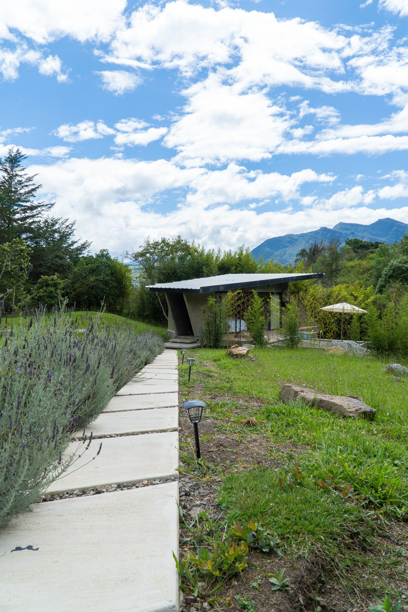 Un sendero conduce a una pequeña construcción con techo, rodeada de vegetación y con una montaña al fondo.