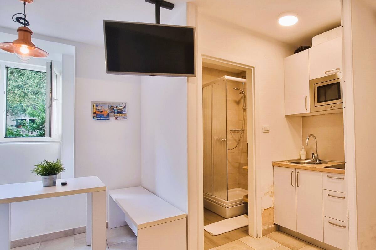A compact hotel room with a kitchenette, a shower, a TV mounted on the wall, and a window with a view of greenery.
