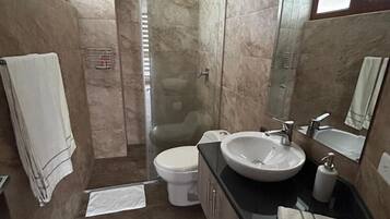Towels, soap, shampoo, toilet paper