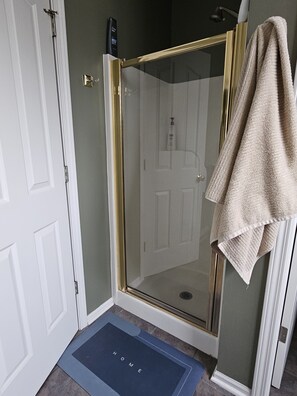 Regadera, secadora de cabello, toallas, jabón 