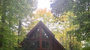 Eine Hütte, umgeben von dichtem Wald.