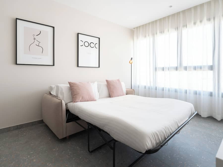 Un dormitorio moderno con cama, sofá y dos cuadros en la pared.