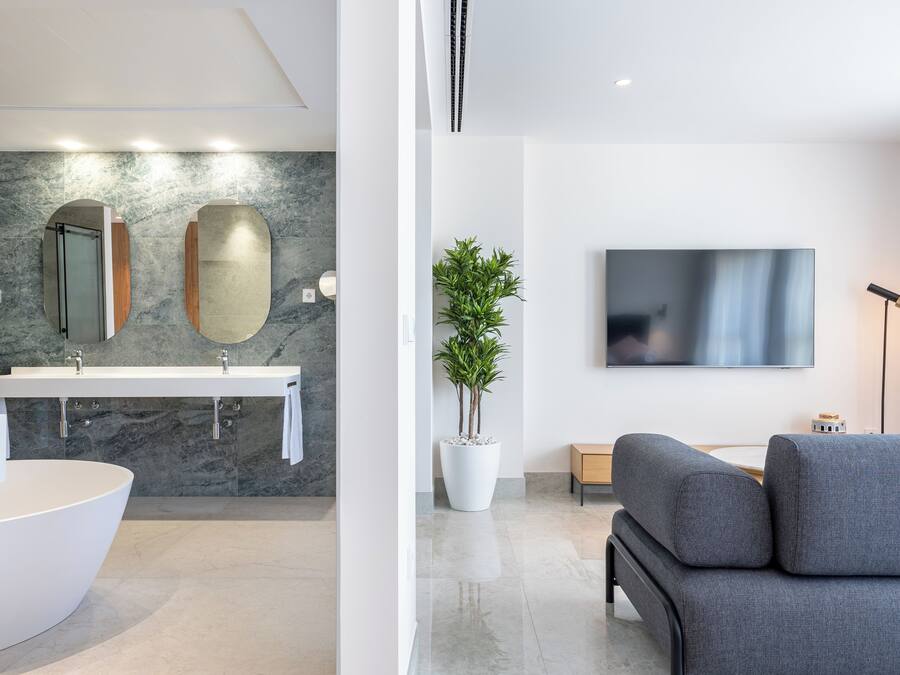 A modern bathroom with a large bathtub, a double sink, and a potted plant.