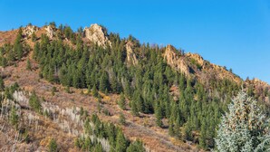 Un paysage montagneux caractérisé par une végétation forestière dense et la présence de formations rocheuses apparentes.