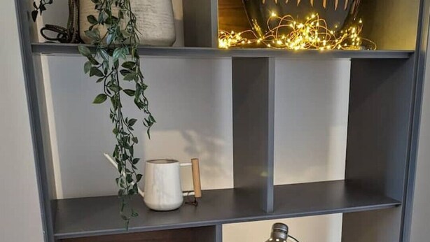 A modern bookshelf with various decorative items including a hanging plant, a globe, and a bicycle model. - The road to Wigan Pier (Wigan)