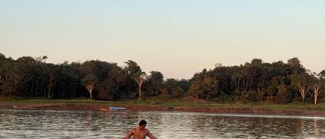 A person standing in a body of water with trees in the background.