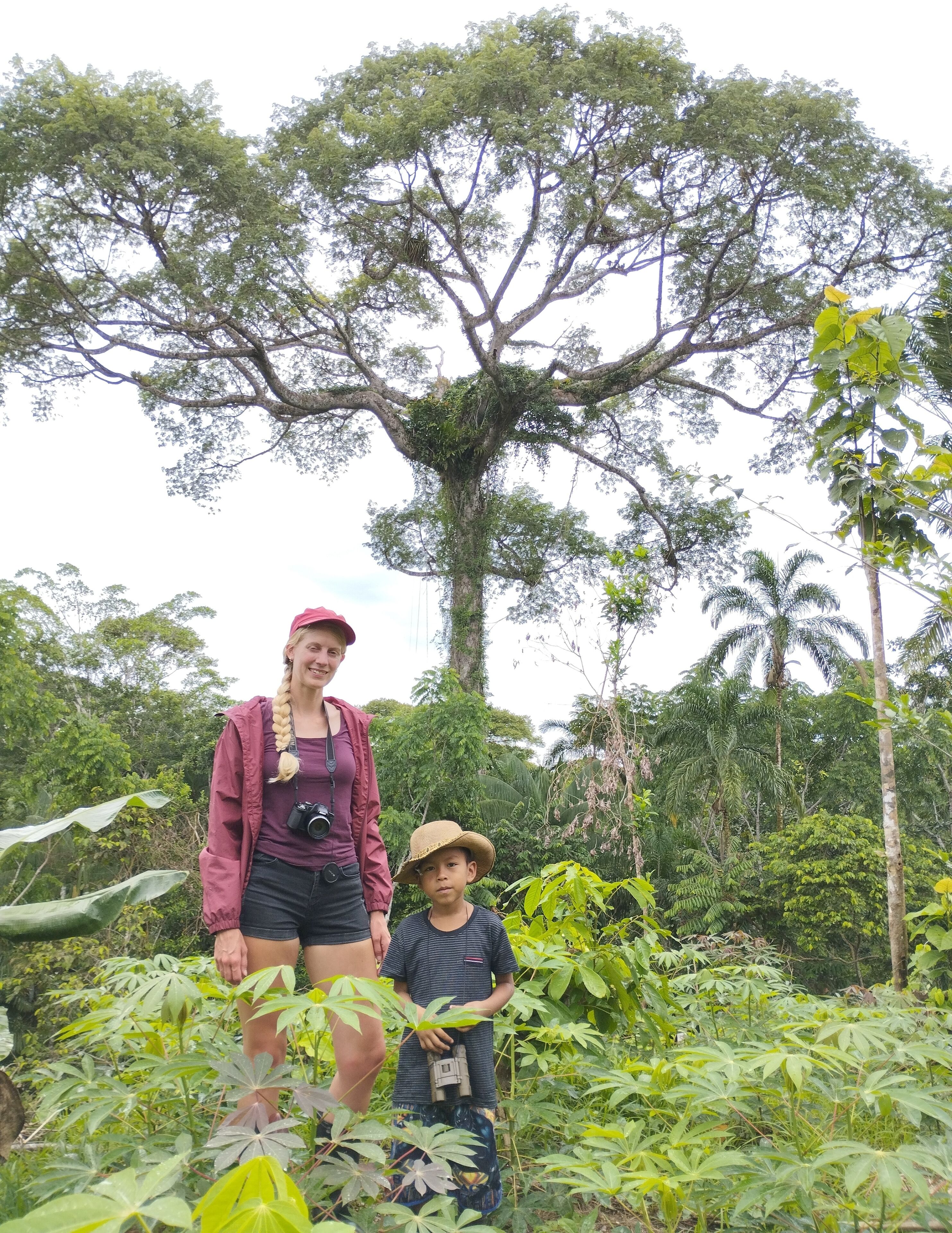 A woman and a child standing in a lush forest with a large tree in the background.