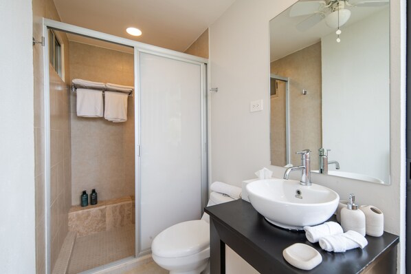 A modern bathroom with a glass-enclosed shower, a white toilet, a large sink with a mirror, and neatly arranged toiletries. - Villa Chan Kah (Isla Mujeres)
