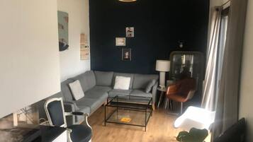 Smart-tv, een open haard, boeken en een computerscherm