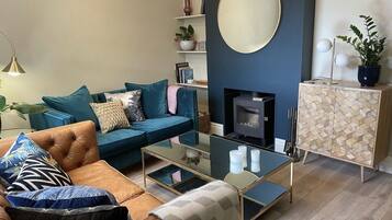 Smart TV, fireplace, books